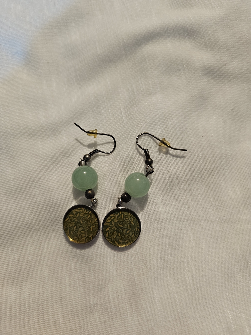 Green Bead Drop Earrings with Patterned Gold Disc - Women Jewelry